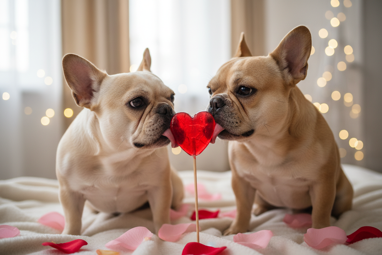 two french bulldogs licking heart shaped lolly they look at each other being in love 